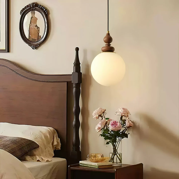 Pendant Light Wood 7.1 in Diameter Milky White Glass Adjustable Ceiling Dining Room Bedroom Lighting | Kalsten