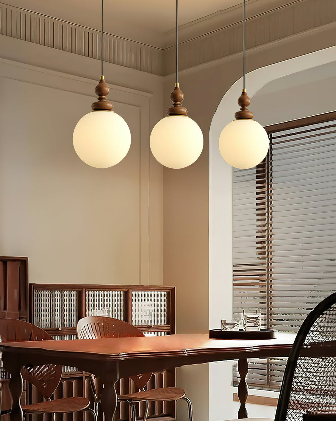 Pendant Light Wood 7.1 in Diameter Milky White Glass Adjustable Ceiling Dining Room Bedroom Lighting | Kalsten