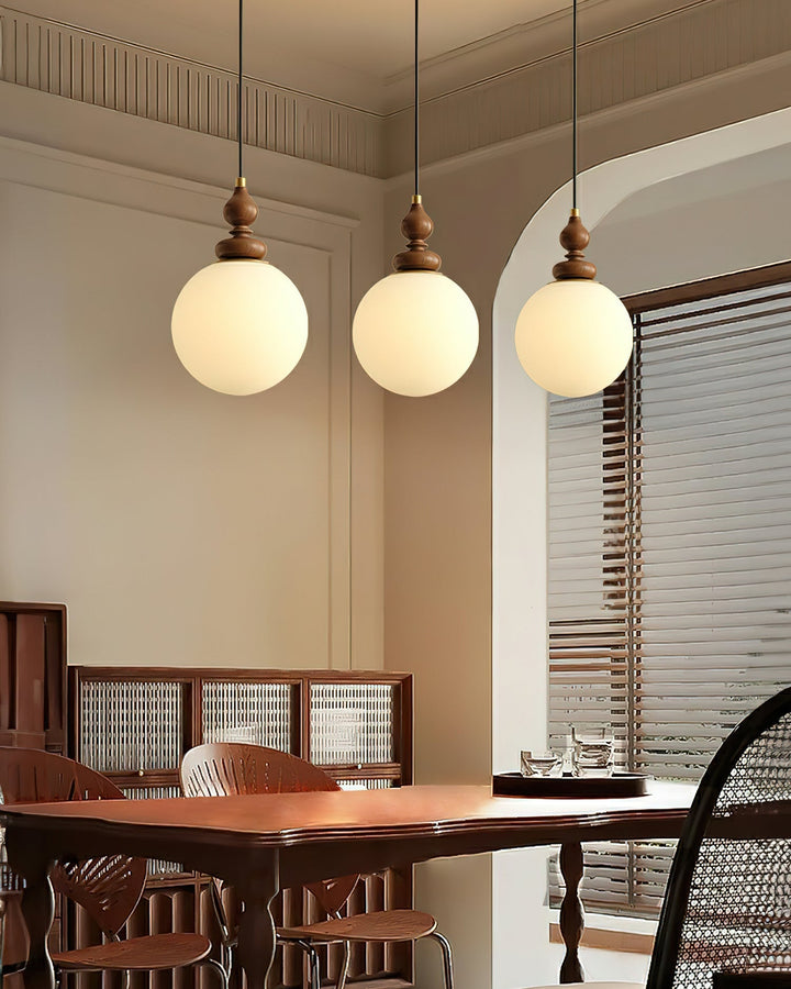 Pendant Light Wood 7.1 in Diameter Milky White Glass Adjustable Ceiling Dining Room Bedroom Lighting | Kalsten