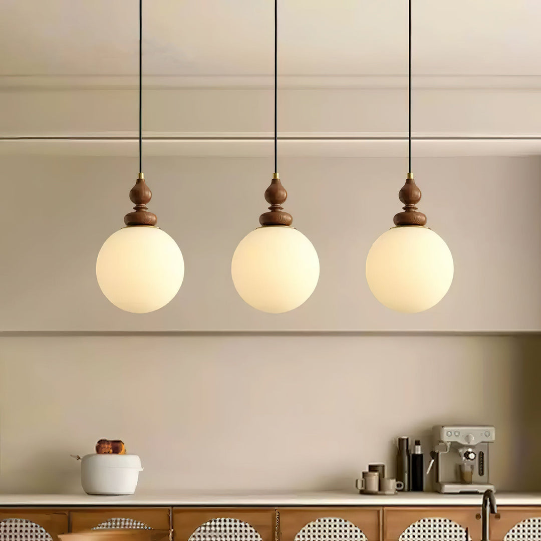 Pendant Light Wood 7.1 in Diameter Milky White Glass Adjustable Ceiling Dining Room Bedroom Lighting | Kalsten