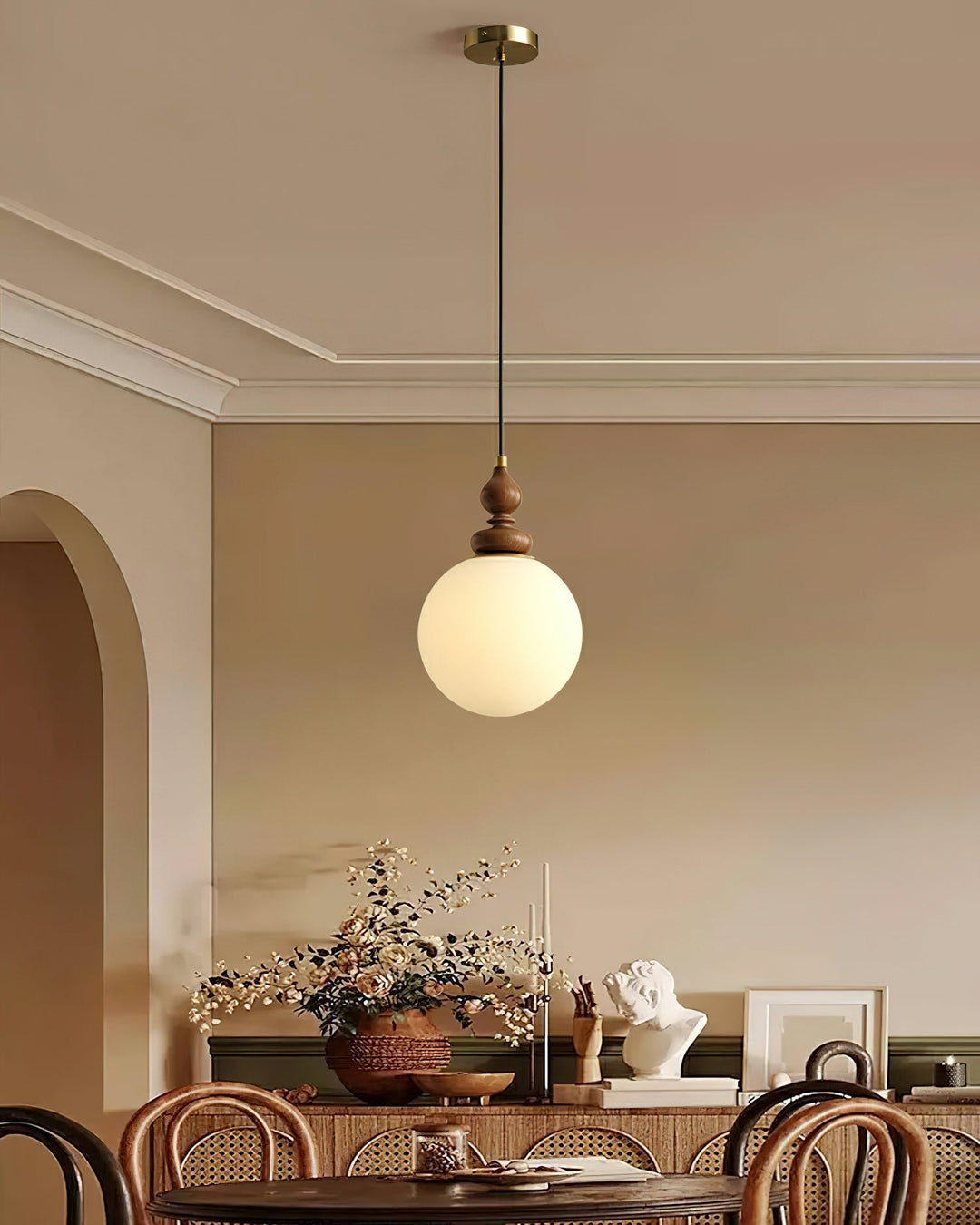 Pendant Light Wood 7.1 in Diameter Milky White Glass Adjustable Ceiling Dining Room Bedroom Lighting | Kalsten