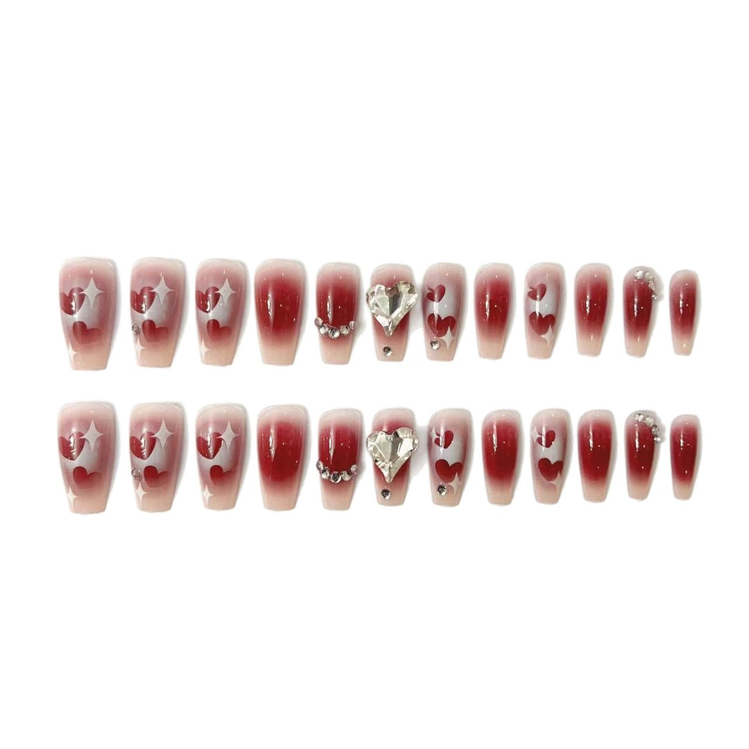 Artistic Press-On Nail Set with Heart and Gem Accents