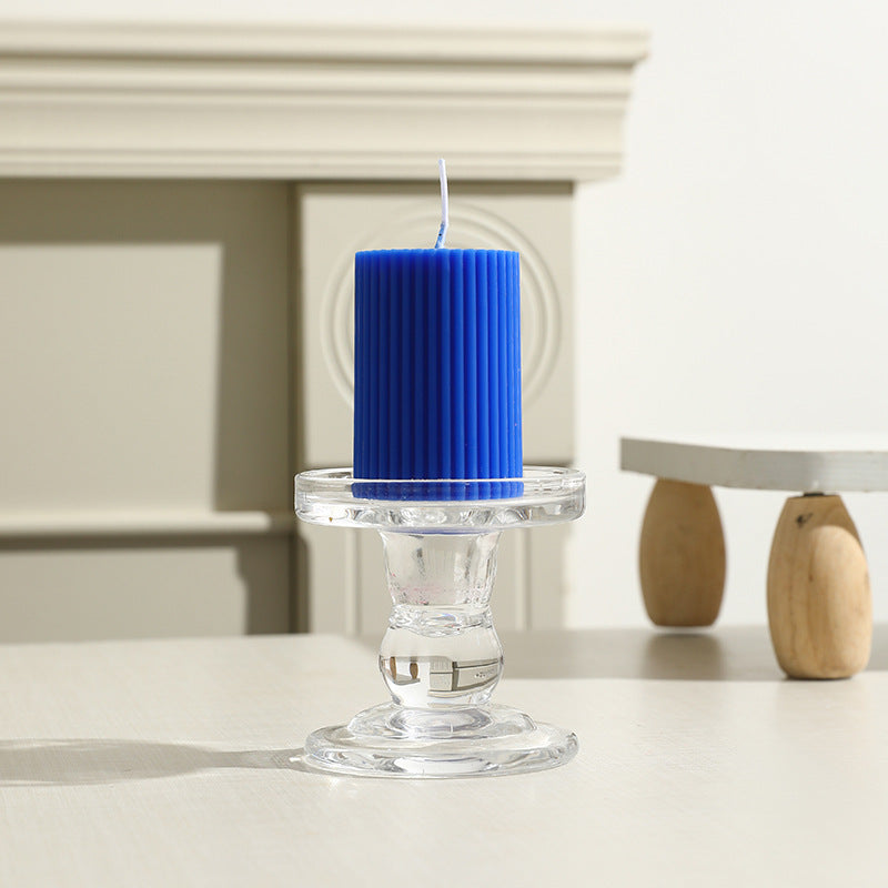 Ribbed Column Pillar Candle with Glass Pedestal Holder