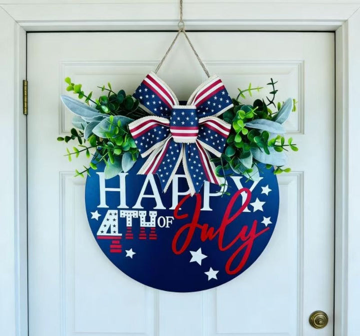 Unisex nan Patriotic Round Wooden Door Sign with Bow and Faux Greenery Kalsten