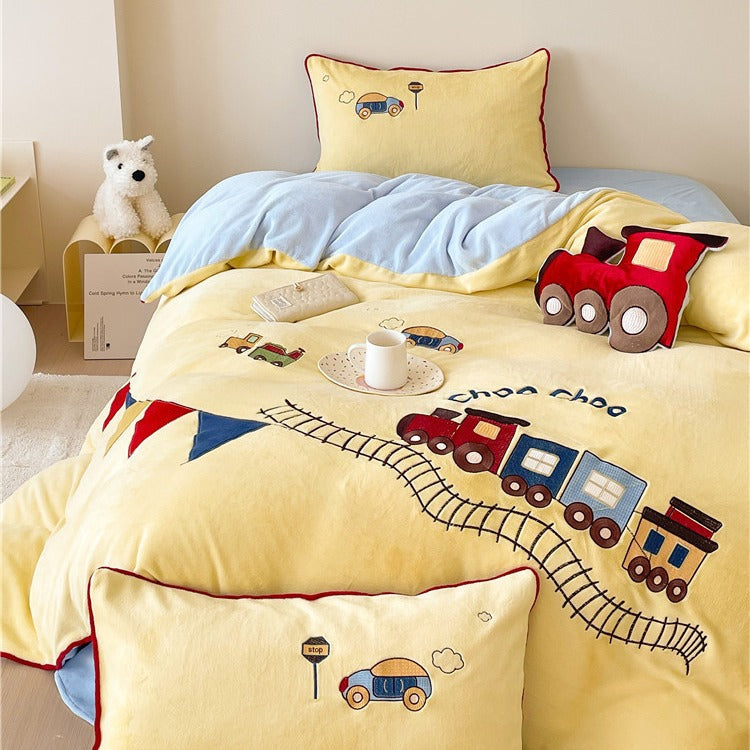 Cozy reversible bedding set with moon and bunny appliqué