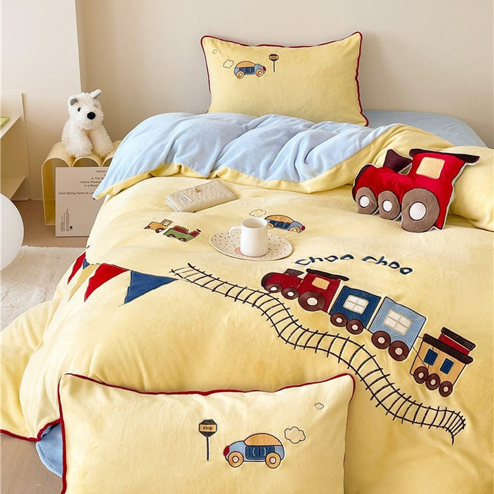 Cozy reversible bedding set with moon and bunny appliqué