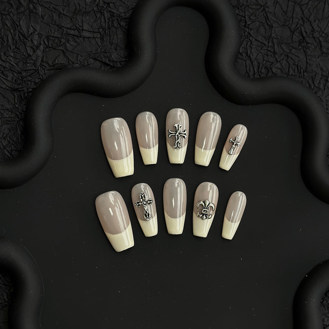Artisanal Press-On Nails with Cross and Fleur-de-Lis Design