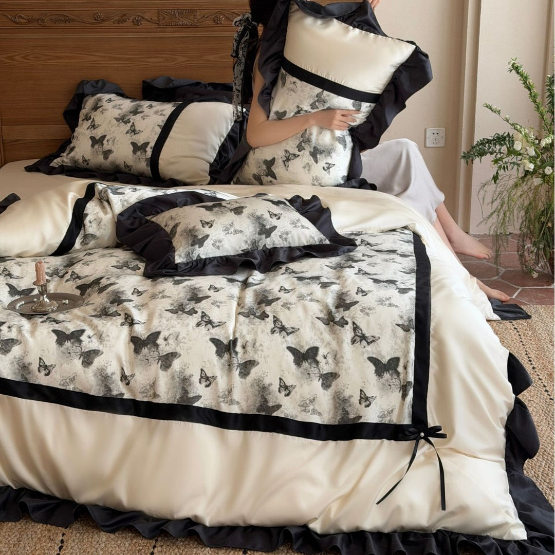 Satin-Duvet cover set with butterfly pattern, ruffle detail & decorative ribbon