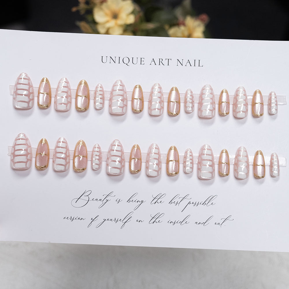 Elegant Press-On Nail Art Set with Gold Accents