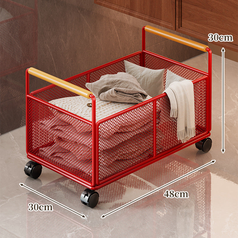 Freestanding Mesh Storage Crate with Wooden Grip Handles for Living Room and Laundry