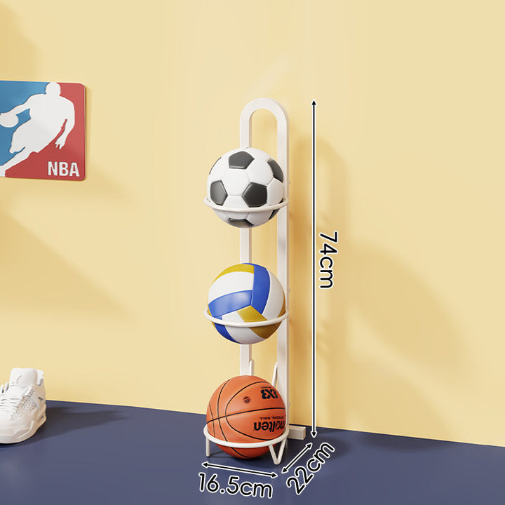 Three-Tier Vertical Sports Ball Storage Rack with Wall-Ready Base and Circular Cradles