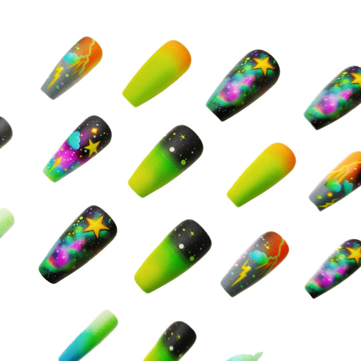 Creative acrylic nails with neon galaxy design Kalsten