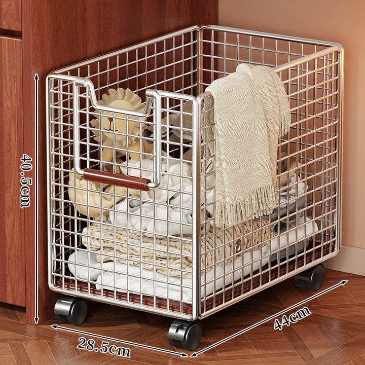 Rolling Metal Mesh Storage Basket with Wooden Handle and Locking Casters
