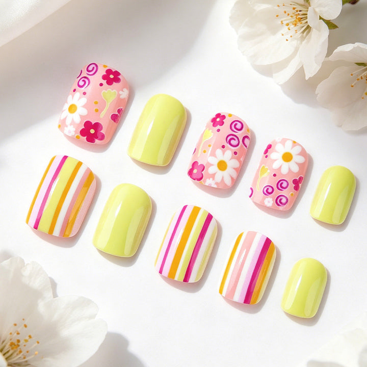 Artistic Floral and Striped Press-On Nail Art Kalsten