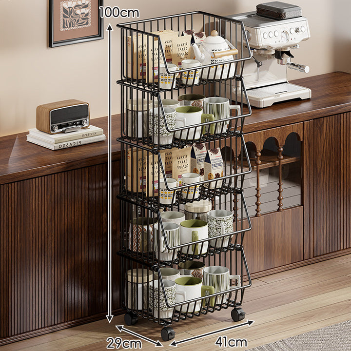 Four-Tier Tall Rolling Wire Pantry and Mug Storage Cart with Deep Slanted Baskets