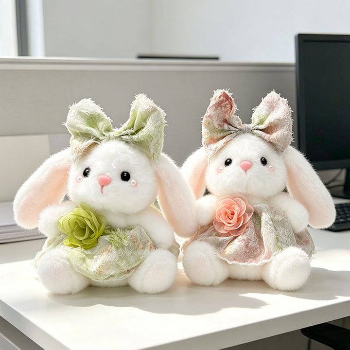 Plush Bunny Bag Charm Keychain with Decorative Bow and Floral Dress Kalsten