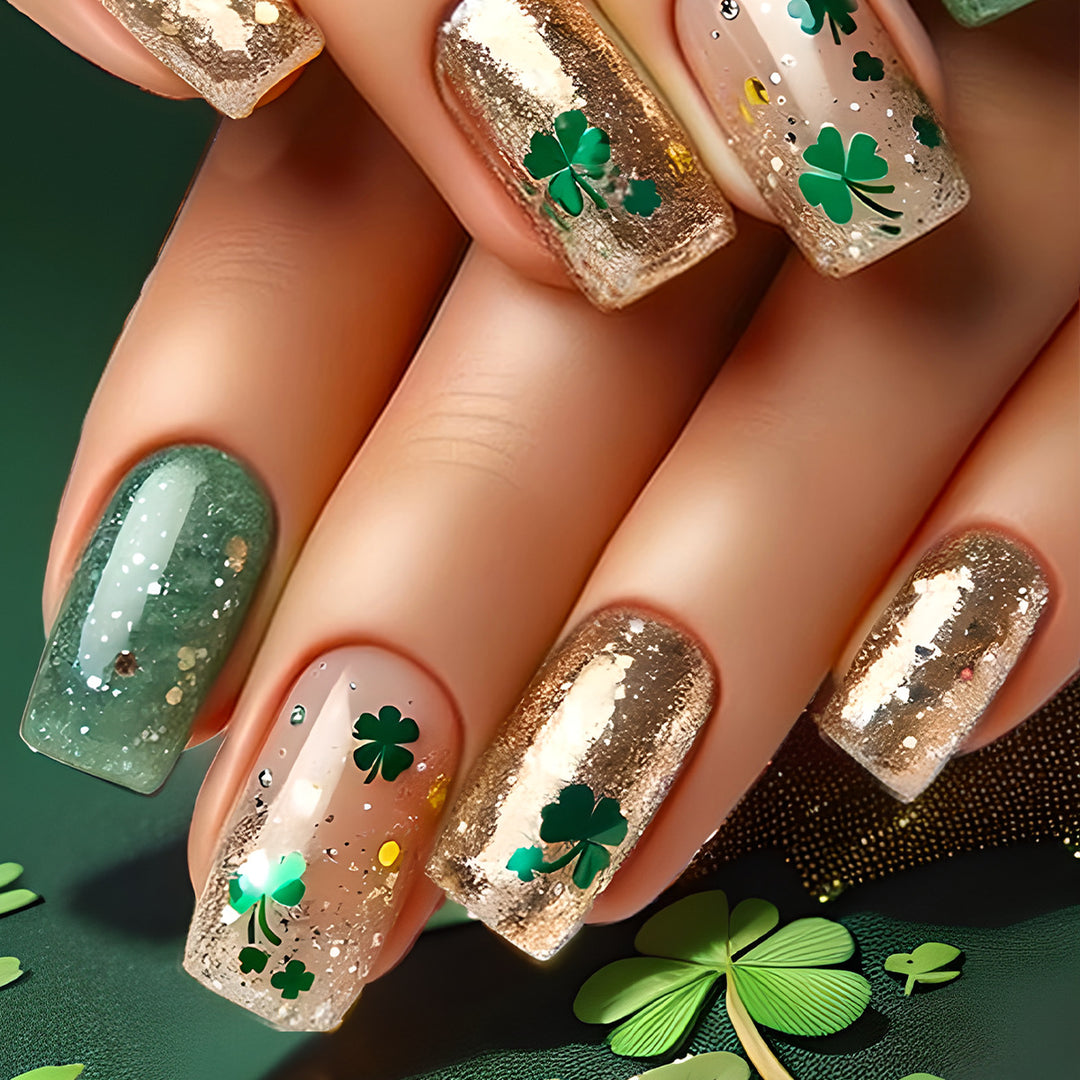 Festive Decorative Press-On Nails with Shamrock Design Kalsten