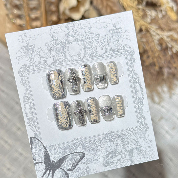 Metallic Press-On Nail Set with Decorative Silver Accents Kalsten