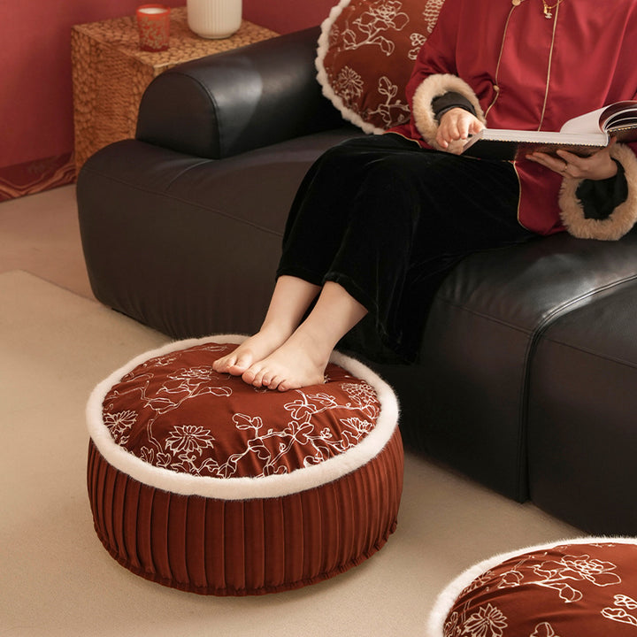 Round velvet decorative bench with floral embroidery and faux fur trim