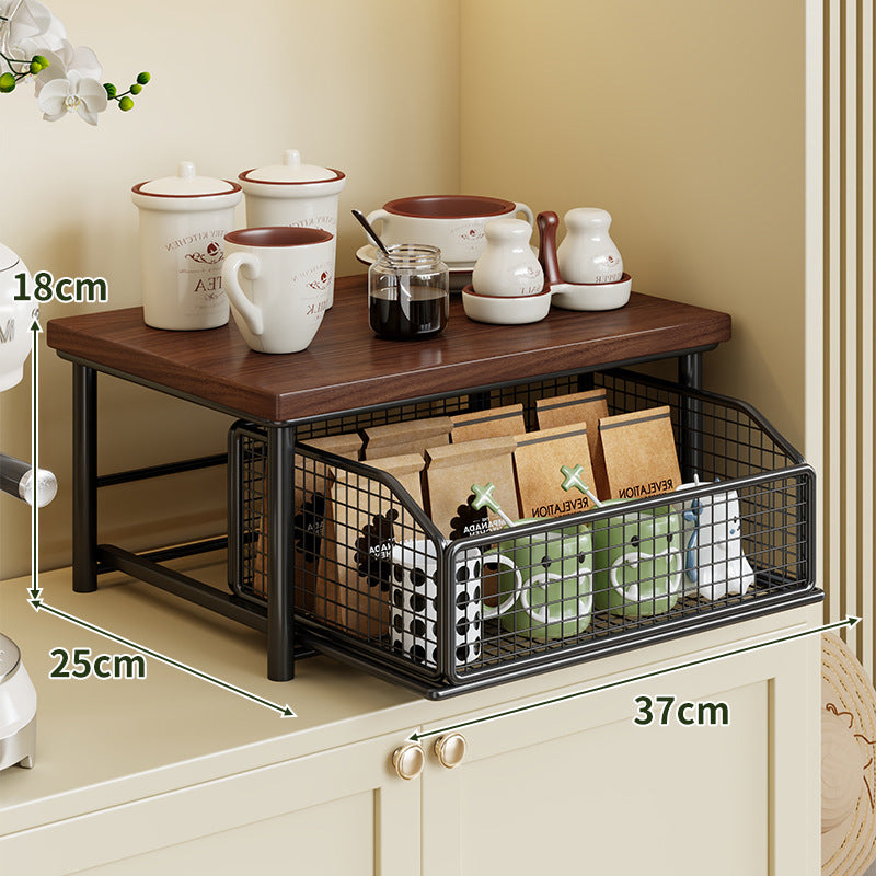 Sliding Mesh Cabinet Basket with Wood-Top Counter Riser