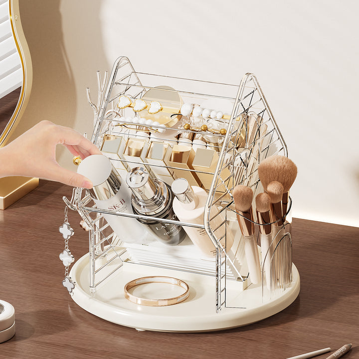 Rotating cosmetic organizer in house shape made of acrylic with lipstick holder and removable catch tray