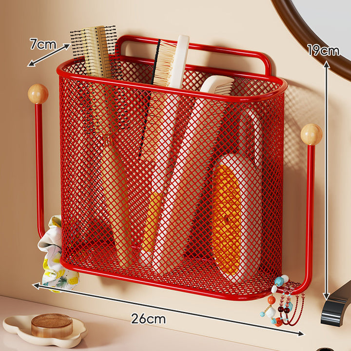 Wall-Mounted Mesh Vanity Organizer Basket with Dual Wooden Knob Hooks
