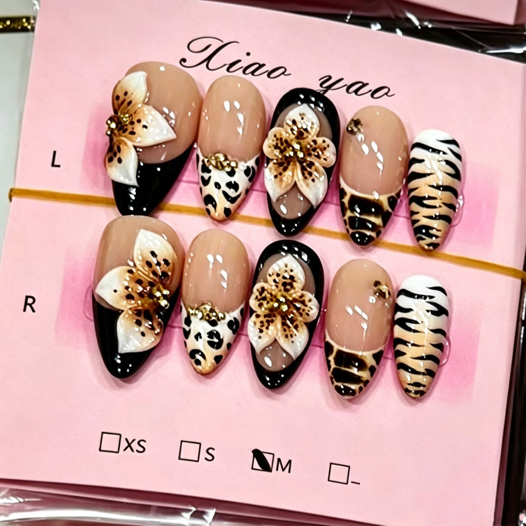 Artistic Press-On Nail Set with Floral and Animal Print Designs