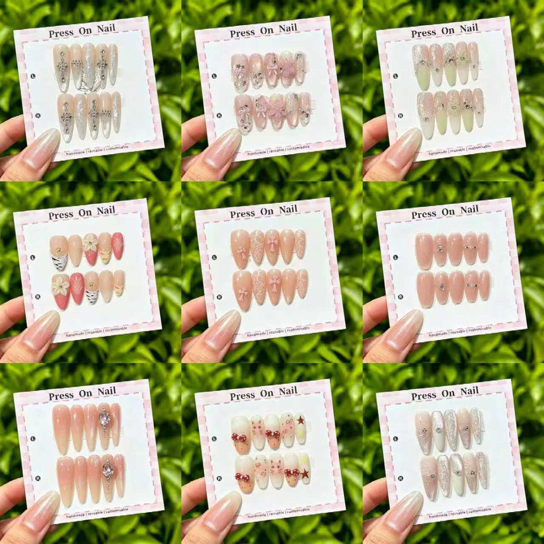 Artistic Press-On Nail Set with Tropical and Floral Accents