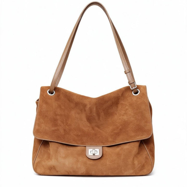 Suede Shoulder Tote Bag with Flap and Turn-Lock Closure
