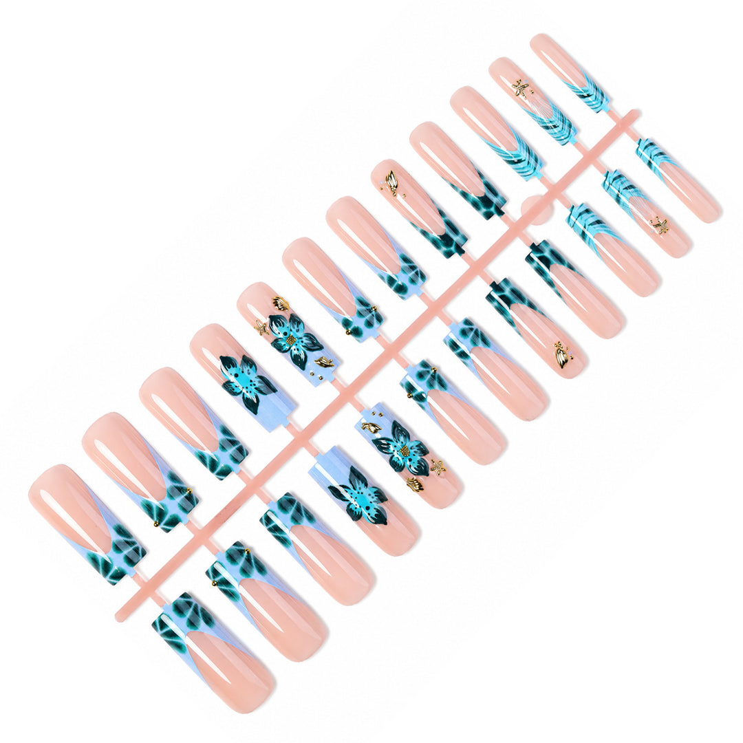 Artistic Acrylic Press-On Nail Set with Floral and Gold Elements kalsten