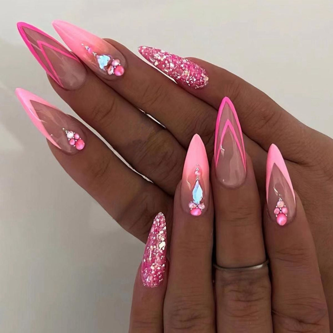 Artificial nail set with glamorous glitter and romantic flower decorations Kalsten