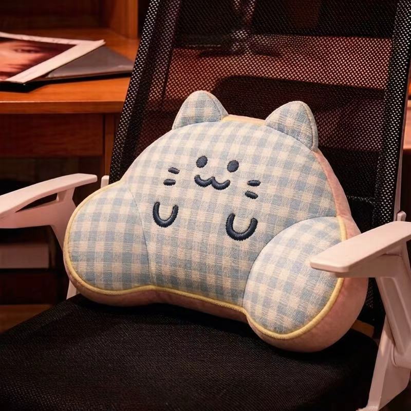 Ergonomic plush back support pillow with cat design and side armrests