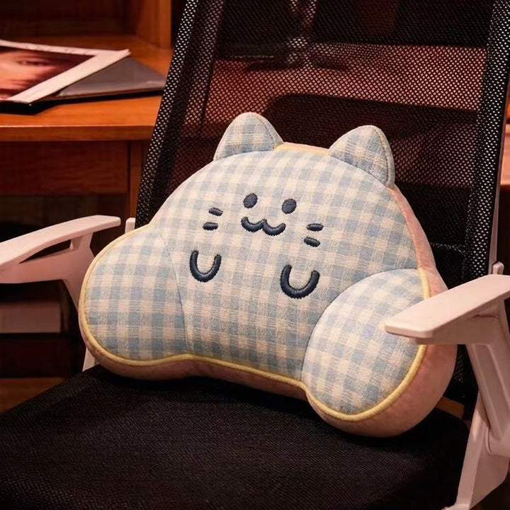 Ergonomic plush back support pillow with cat design and side armrests