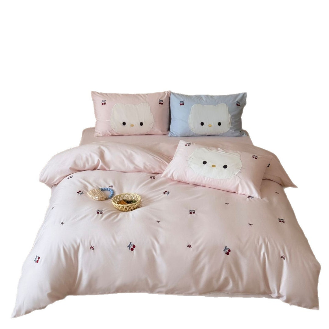 Cute embroidered bedding set with cat applique and cherry motif Kalsten