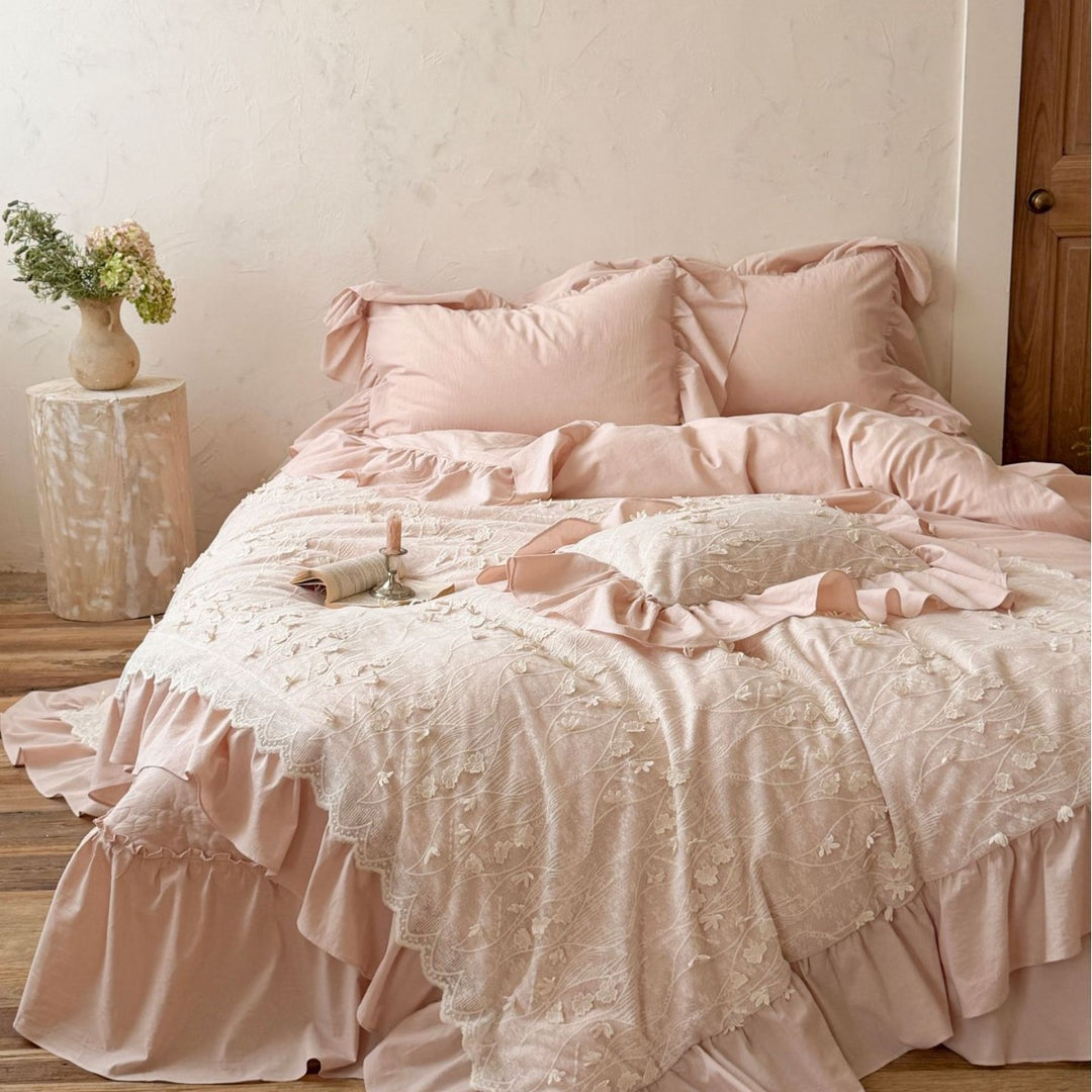 Bedding set with floral relief embroidery, gathered frill and bed skirt