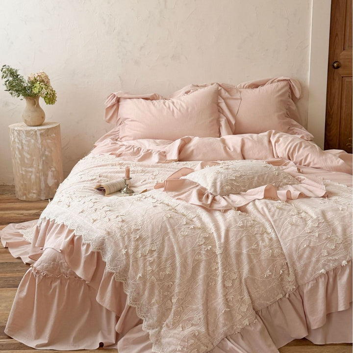 Bedding set with floral relief embroidery, gathered frill and bed skirt
