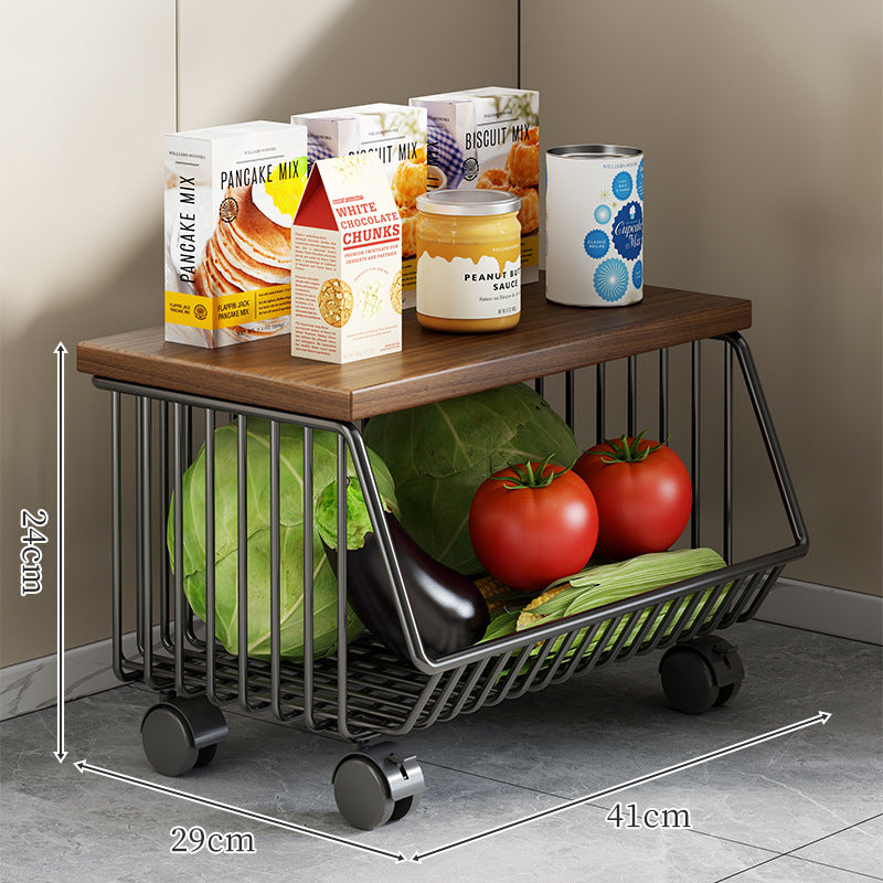 Countertop Wooden-Top Metal Wire Produce Storage Basket with Front-Tilt Access