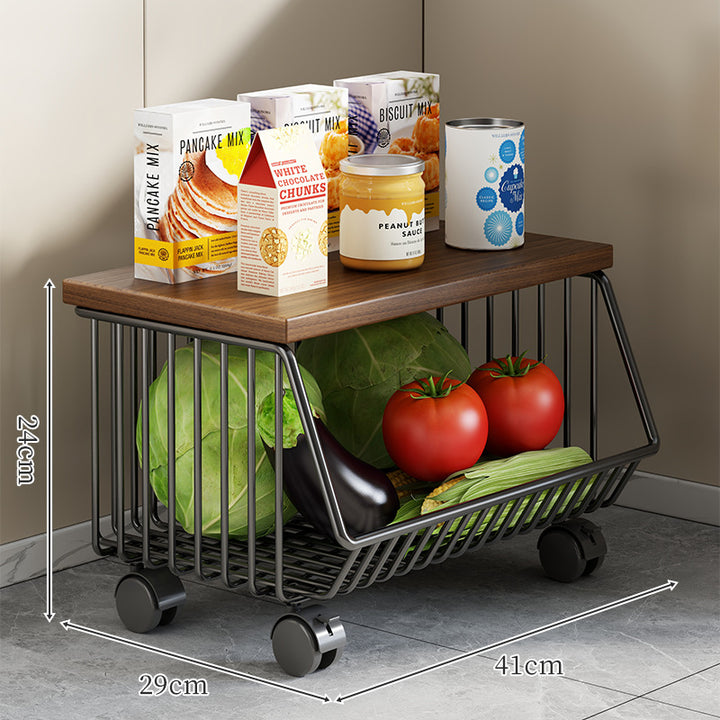 Countertop Wooden-Top Metal Wire Produce Storage Basket with Front-Tilt Access