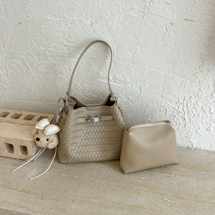 Woven Leather Bucket Tote Bag