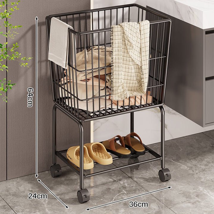 Vertical Rolling Mesh Laundry and Shoe Storage Cart with Elevated Wire Basket and Lower Shoe Shelf