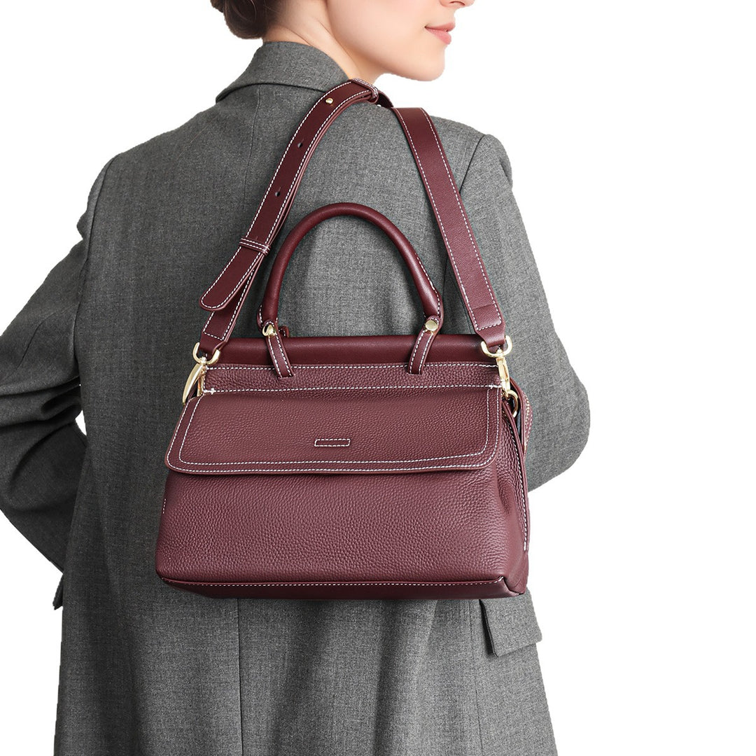 Top-Handle Pebbled Leather Satchel with Contrast Stitching