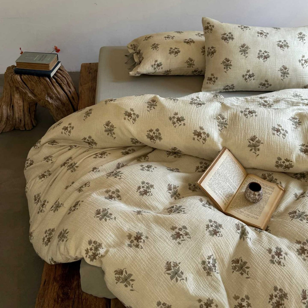 Natural cotton-linen duvet cover set with a crinkled linen look and floral tone-on-tone pattern