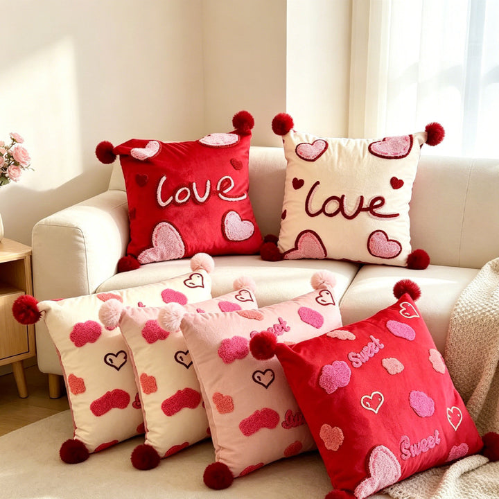 Colorful Chenille Tufted Square Throw Pillow with Plush Pom-Pom Corners and Removable Insert