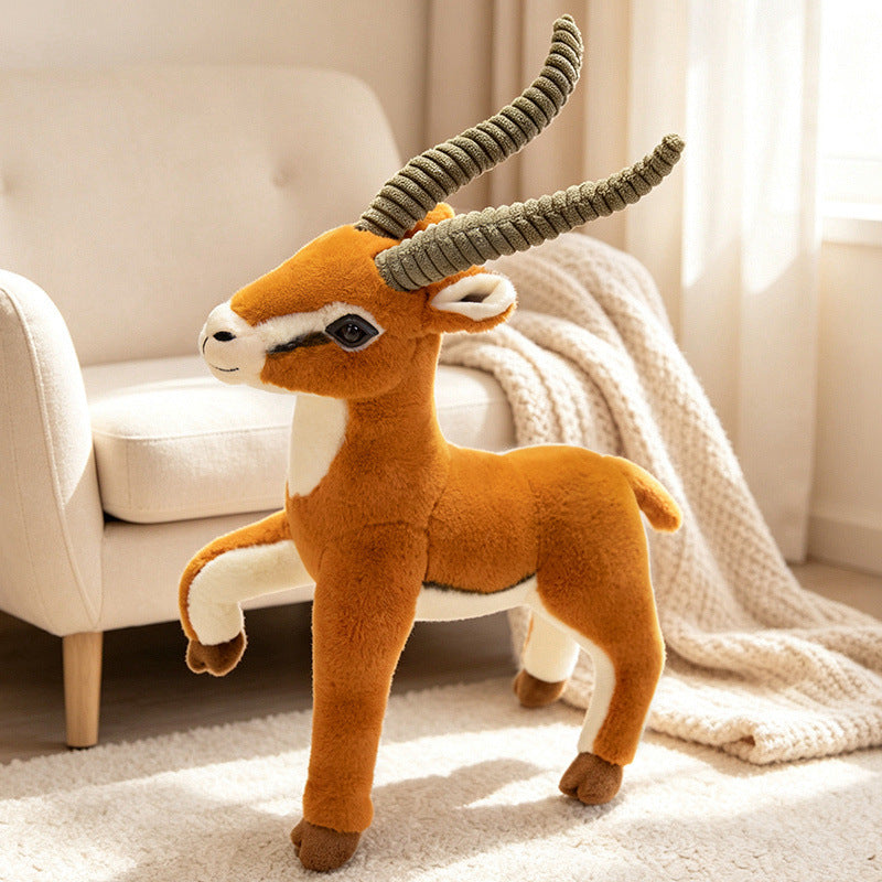 Life-Size Standing Antelope Plush with Ribbed Curled Horns and Poseable Legs Kalsten