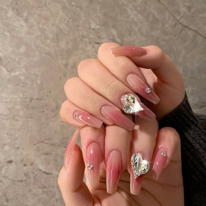 Glamorous Heart-Embellished Press-On Nail Art