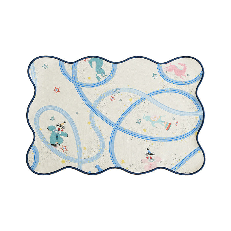 Playful shaped table runner with colorful animal illustrations and decorative edge