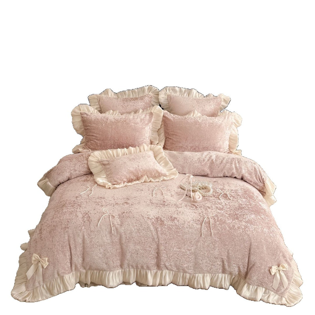 Romantic ruffle bedding set with bow appliqués and soft touch