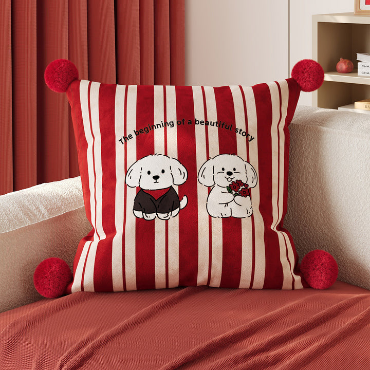 Decorative Cotton-Linen Square Throw Pillow with Pom-Pom Corners and Polka Dot Love Print
