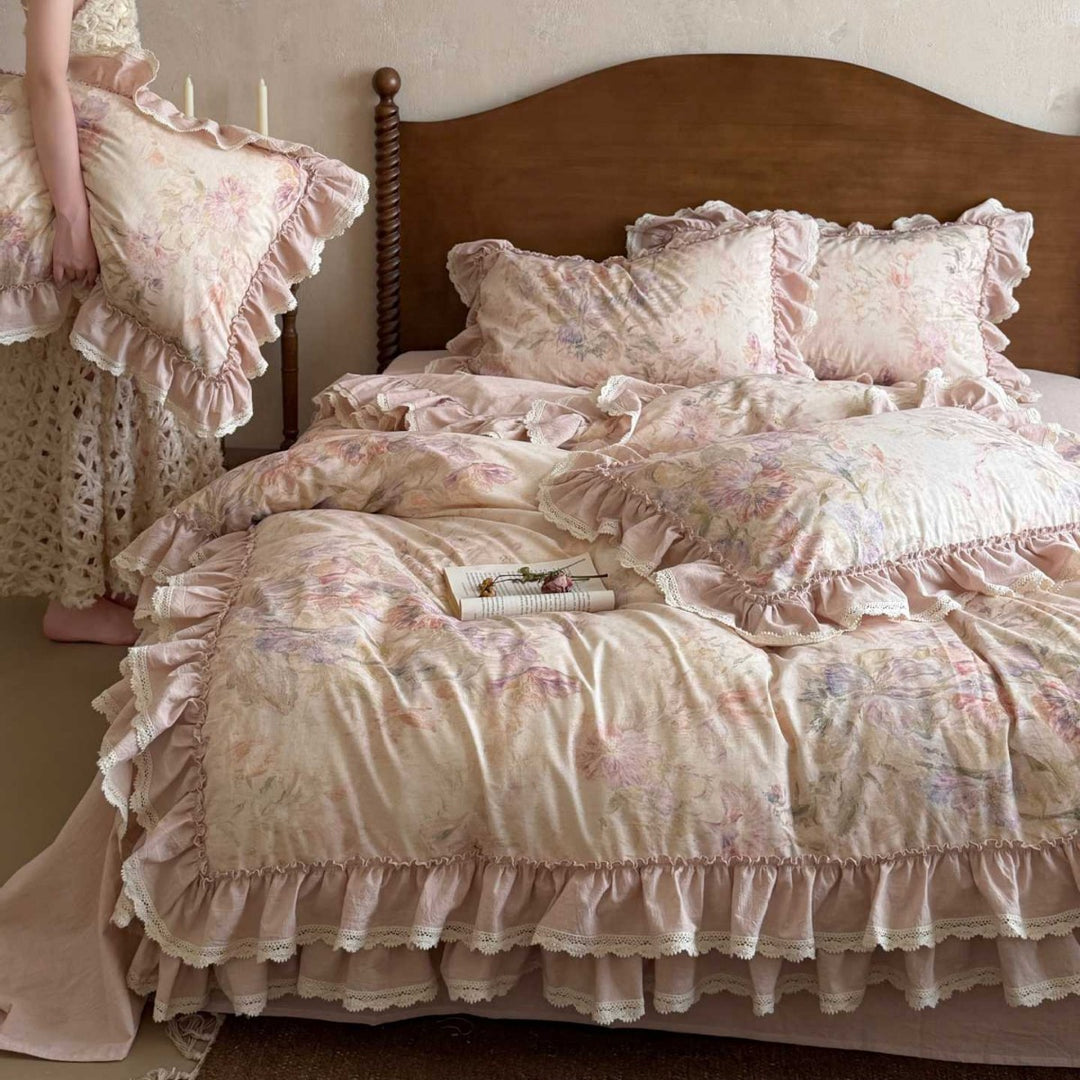 Romantic Ruffled Bed Linen Set with Lace Trim