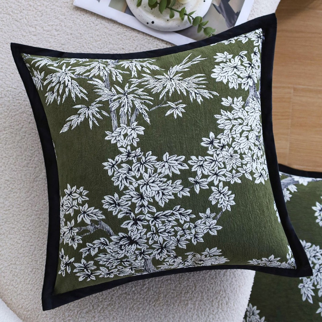 Square embroidered cushion cover made of cotton-linen blend with floral jacquard texture and velvet piping Kalsten